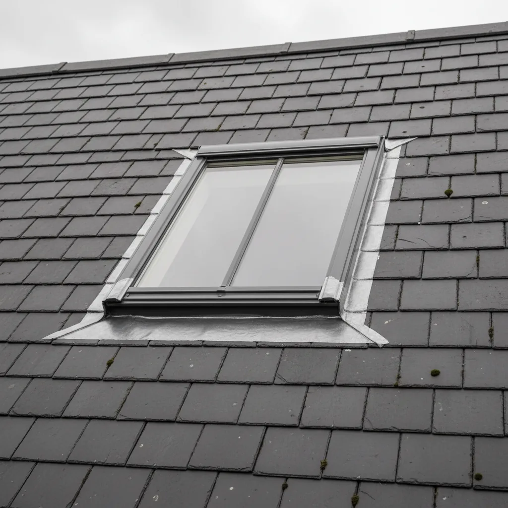 Lead flashing dressed into the slate around a rooflight frame