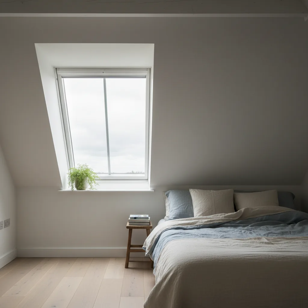 A roof window set into the slope of a finished loft room